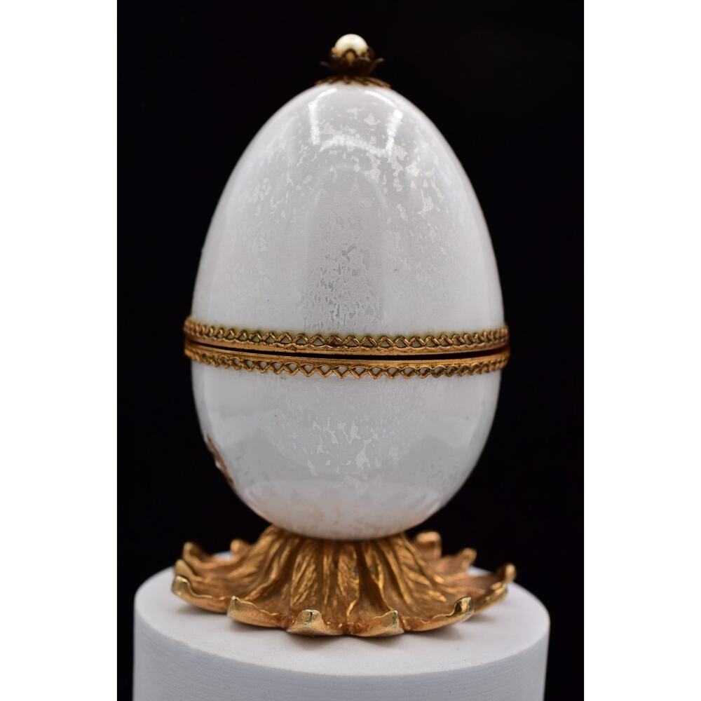 Rare Vintage Evans Egg MCM Perfume Holder Bottles White Glass Gold Signed Flaw